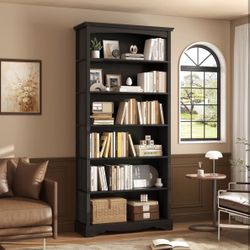 76” H,6-Tier Wooden Bookshelf, Bookshelf with Storage, Floor Standing Modern Style Display Bookcase , Black