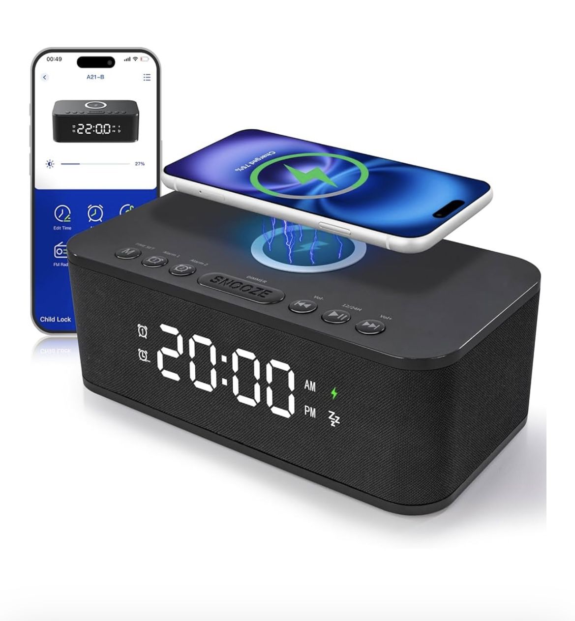 Dual Alarm Clock Radio Bedroom, Digital Alarm Clocks Bedrooms Bluetooth, Up to 10 Bedroom Alarms Clock White Noise 23 Soothing Sounds App/Button Contr