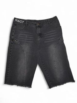 Y2K GACT *DeadStock* Rare Stone Washed Black Wide-Leg Jorts rivets / studs Grail CD Hand Logo - Size XL (38in)