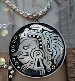Rare Sterling Silver 1950's Mexican made 2" Mayan Medallion, necklaces separate option