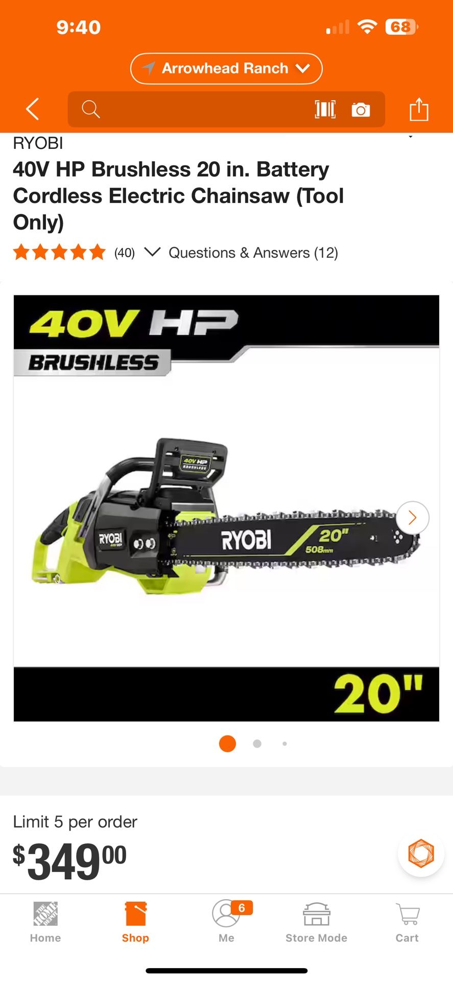 RYOBI 40V HP Brushless 20 in. Battery Cordless Electric Chainsaw (Tool Only) (40) V