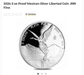 2024 5 oz Reverse Proof Mexican Silver Libertad Coin .999 Fine ..2024 5 oz Proof Mexican Silver Libertad Coin, a breathtak