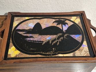 Vintage Brazilian Wood and Glass Serving Tray Depicting Rio de Janeiro