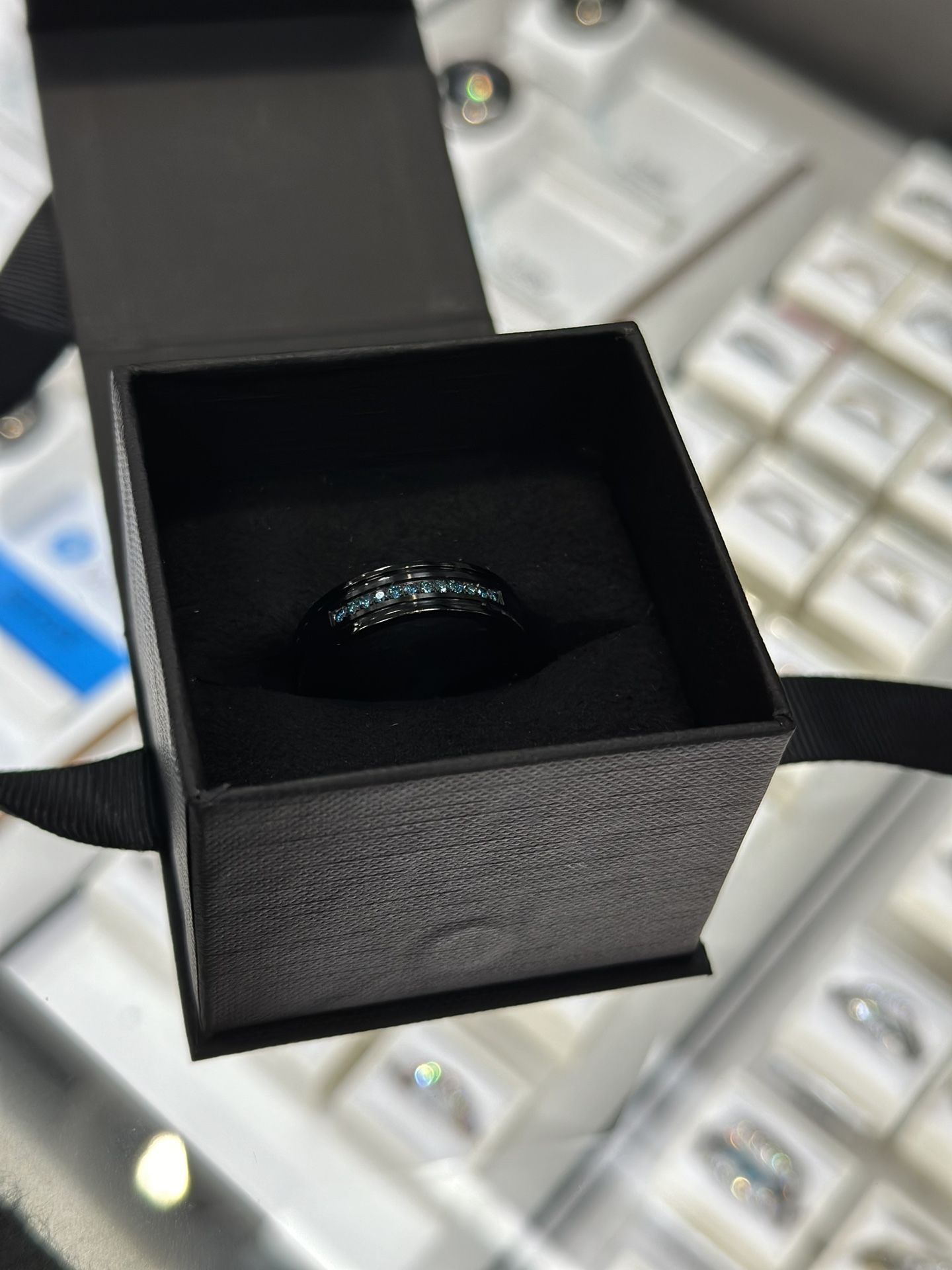 Black Ion-Plated Stainless Steel Man’s Ring With Blue Diamonds