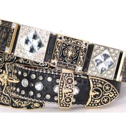 West Star Texas Western Belt Rhinestone Longhorn Cross Black Cowboy Pant 28 30 32 34 36 38