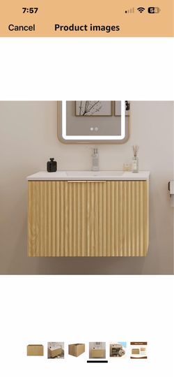 Only black color left   30" Modern Bathroom Vanity with Wavy Textured Doors - Wall Mounted Floating Cabinet, Soft-Close Waterproof Storage for Small B
