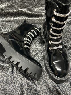 Black Patent Combat Boots with Rhinestone Laces