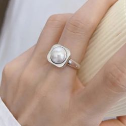 925 Sterling Silver Women's Pearl  Cuff Ring Band Gift