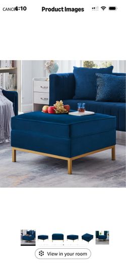 Blue Velvet Ottoman with Gold Legs