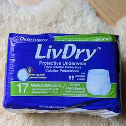 LivDry M Overnight Adult Diapers for Women and Men, Incontinence Underwear, Medium , Factory sealed