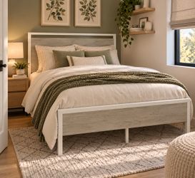Full bed Metal Platform Bed Frame with Wooden Headboard and Footboard, No Box Spring Needed, Large Under Bed Storage, Heavy Duty Slats Support, White 