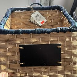 Kirkland’s Handcrafted Rectangular Woven Storage Basket - Blue Handle Accent - New with Tags