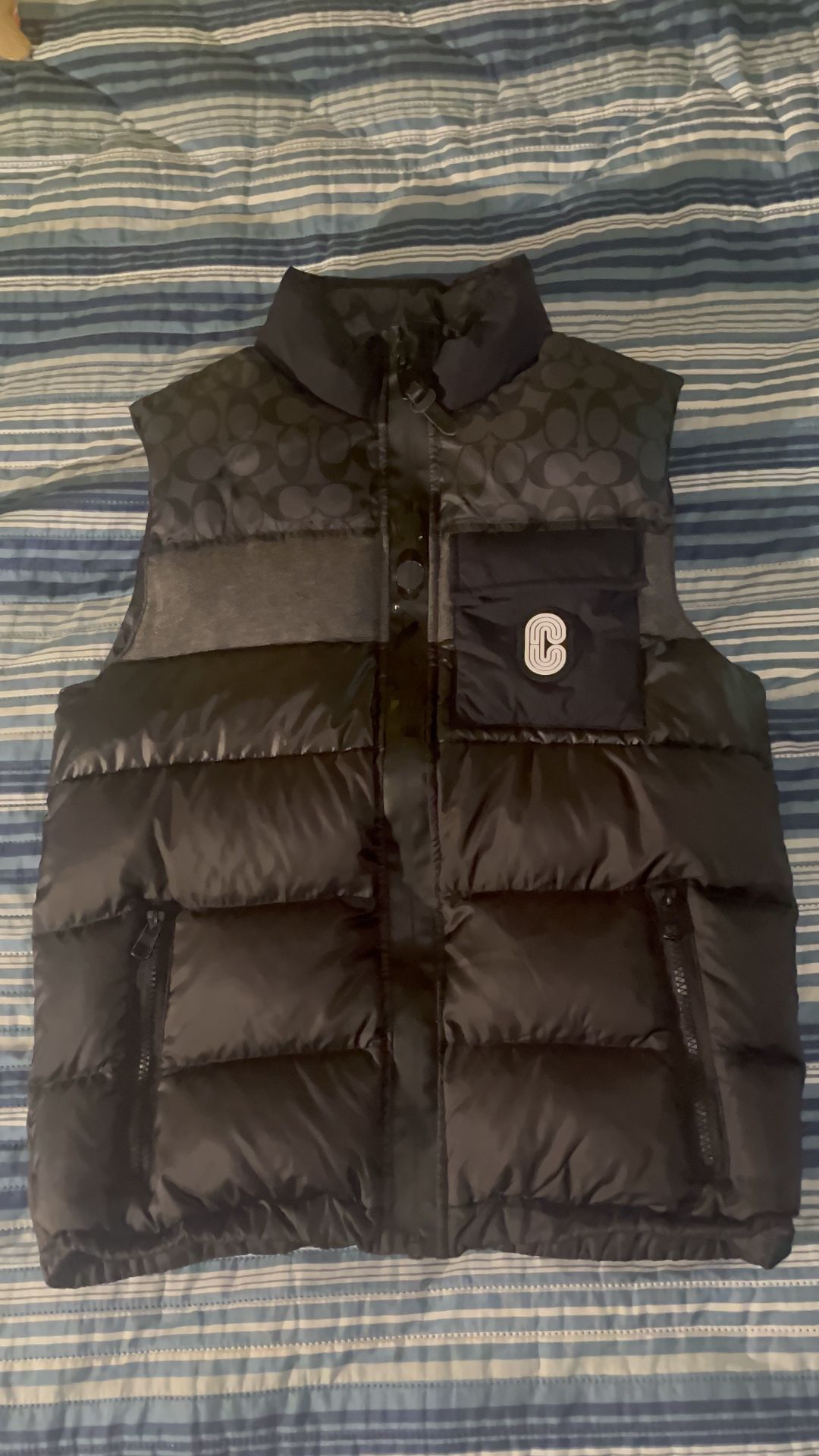 NWT COACH Men's Down Puffer Vest Black Logo Size XS
