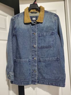 NWT S blue denim barn jacket from Frye tan corduroy collar & large front patch