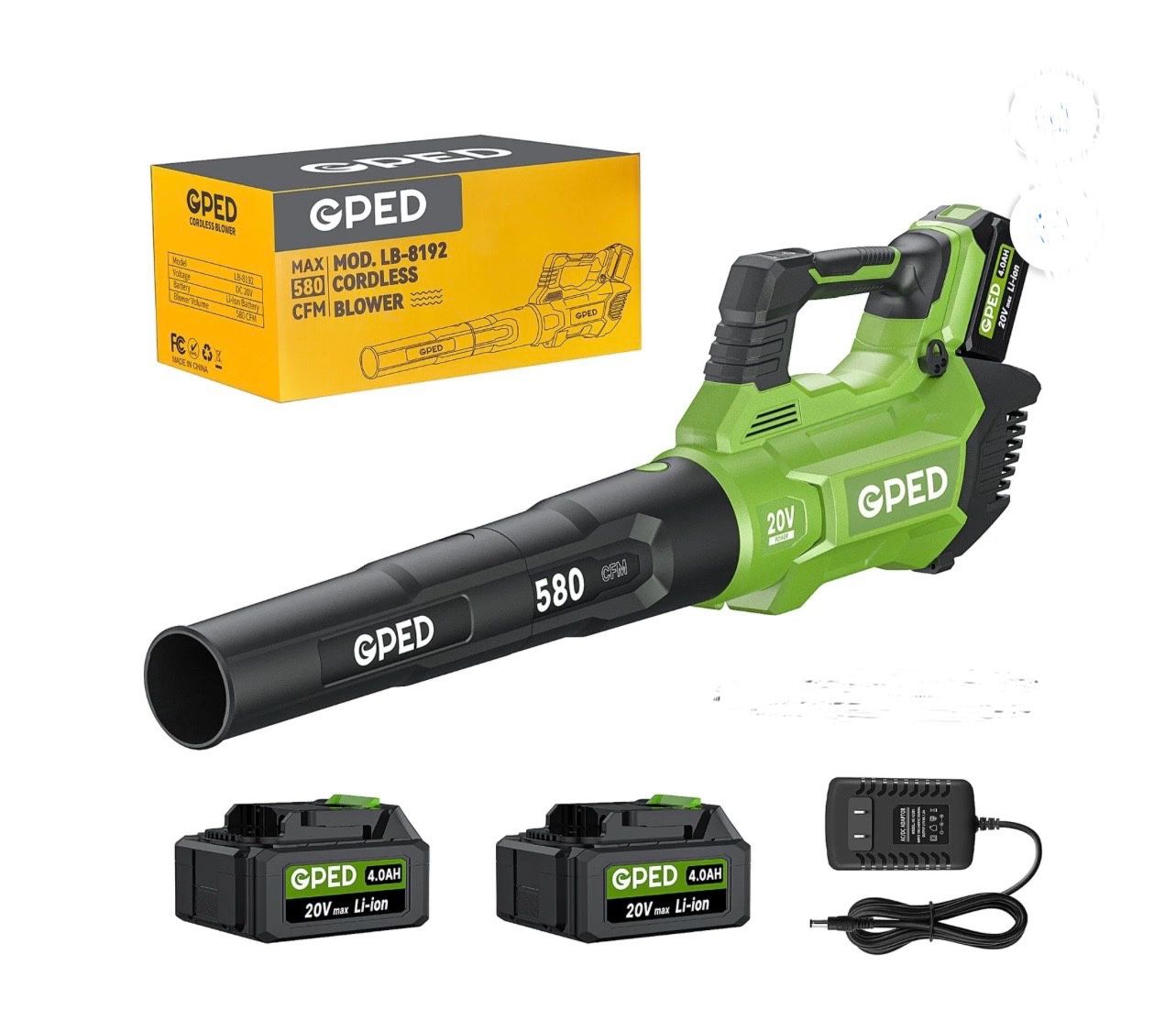 GPED Electric Cordless Leaf Blower with 2 x 4.0Ah Batteries, Charger 580CFM/160MPH,