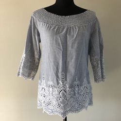 Womens Tribal Jeans off Shoulder Blue White Striped Embroidered top size S