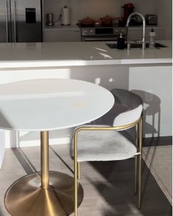 CB2 Odyssey Brass & White Lacquer Dining Table – 39” Round