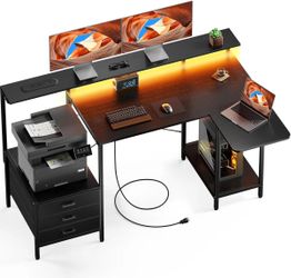 HLDIRECT 55 inch Gaming Desk with Power Outlets & LED Lights, Computer Desk with 3 drawers & Storage