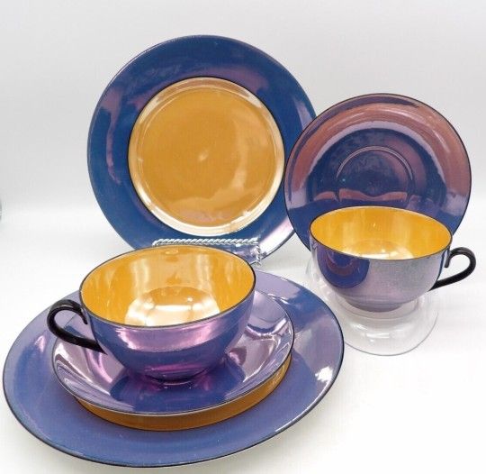 Vintage Phoenix China Setting for 2 Blue Orange Lusterware Plate Saucer Cup