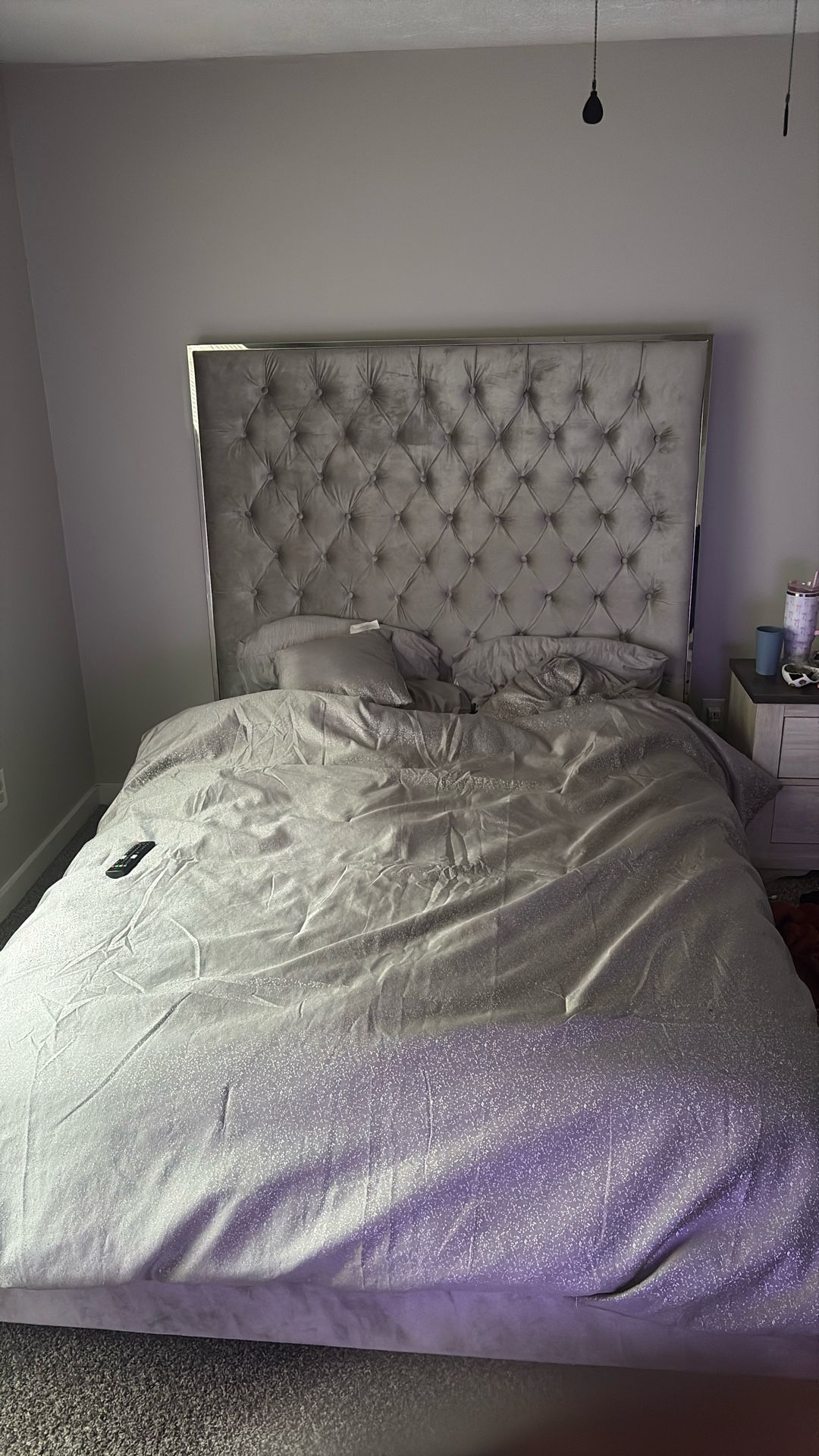 Grey Upholstered Bed, With Grey Upholstered Mirror (giant) + 65inch p 