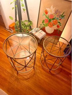 Pair of Glass-Top Brass Nesting Side Tables (Set of 2)