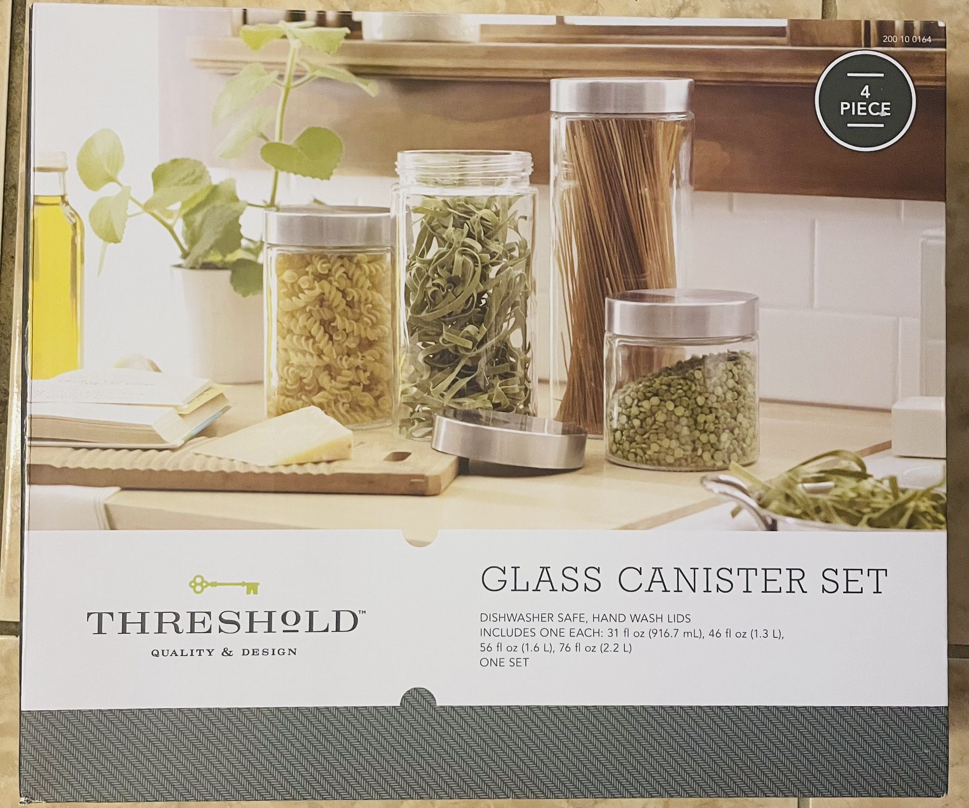 KITCHEN GLASS CANISTER SET, NEW IN BOX! Airtight 4 Piece Set “Threshold Quality & Design”
