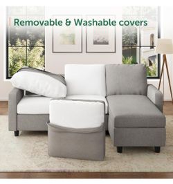 HONBAY L Shaped Couch with Linen Fabric, Convertible