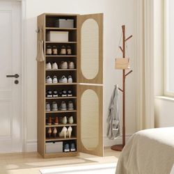 New -Woven Shoe Cabinet with Rattan Doors and Metal Hooks for Entryway, 20 Pairs Free Standing Tall Shoe Storage Cabinet with Wood Adjustable Shelves 
