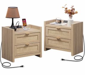 Nightstands Set of 2 Bedside Table - Bed Night Stand with Type-C Charging Station, 2 Drawers Storage -