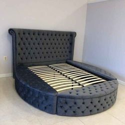 Black Velvet Storage King Size Bed Frame 🪟 Round Storage Bed Color Options ⭐ Matching Dresser, Mirror, Nightstand, Chest, Mattress Available 