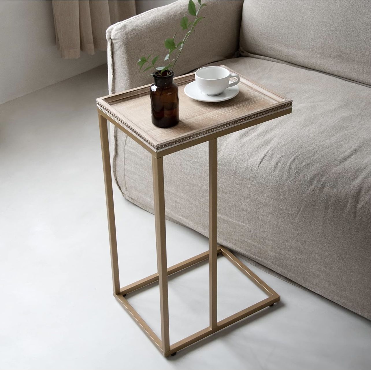Farmhouse C Table Couch End Table, Rustic Distressed Beaded Edge Tray Top Sofa Snack Side Table, Gold