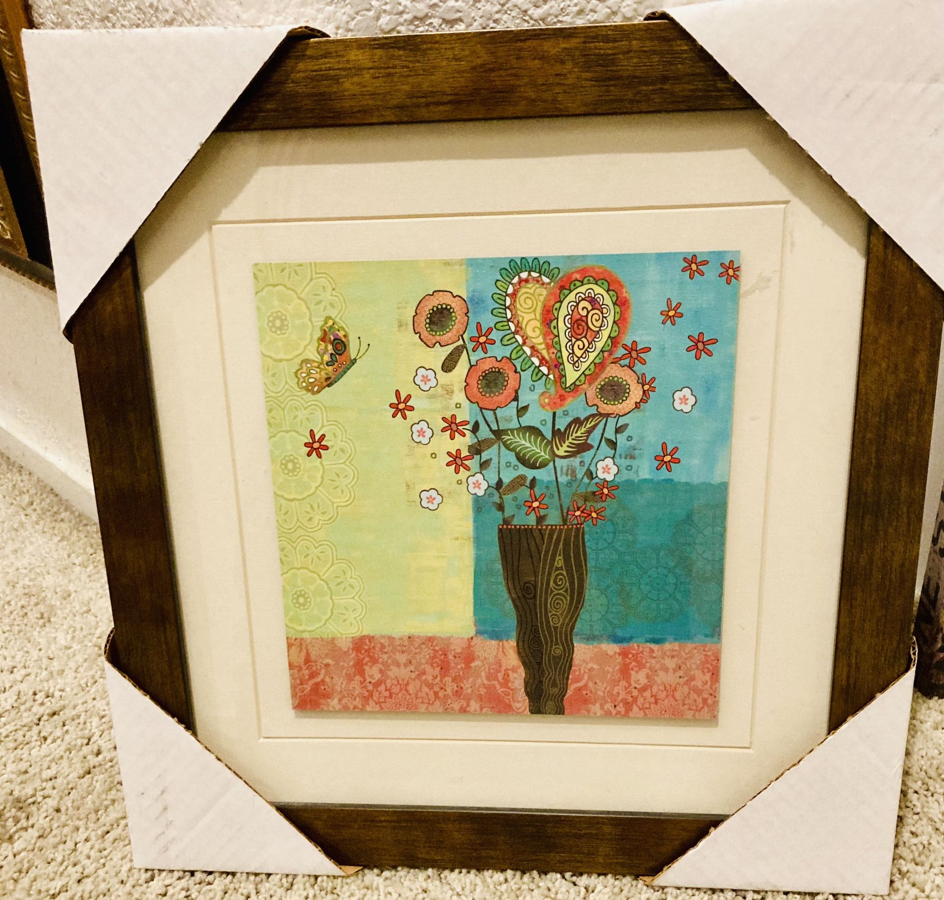 NEW - Framed/Mat Artwork 14” x 14” Cheerful Bouquet/Butterfly