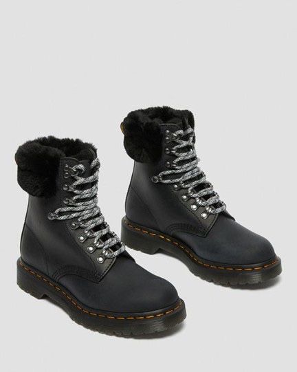 Dr Martens 1460 Serena Collar Faux Fur Lined Lace Up Boots in Black