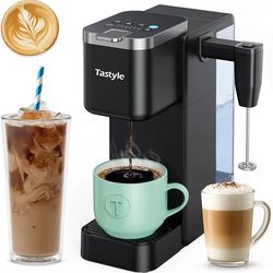 Single Serve Coffee Maker w/ Milk Frother – K-Cup & Grounds, Iced or Hot, 40oz Tank