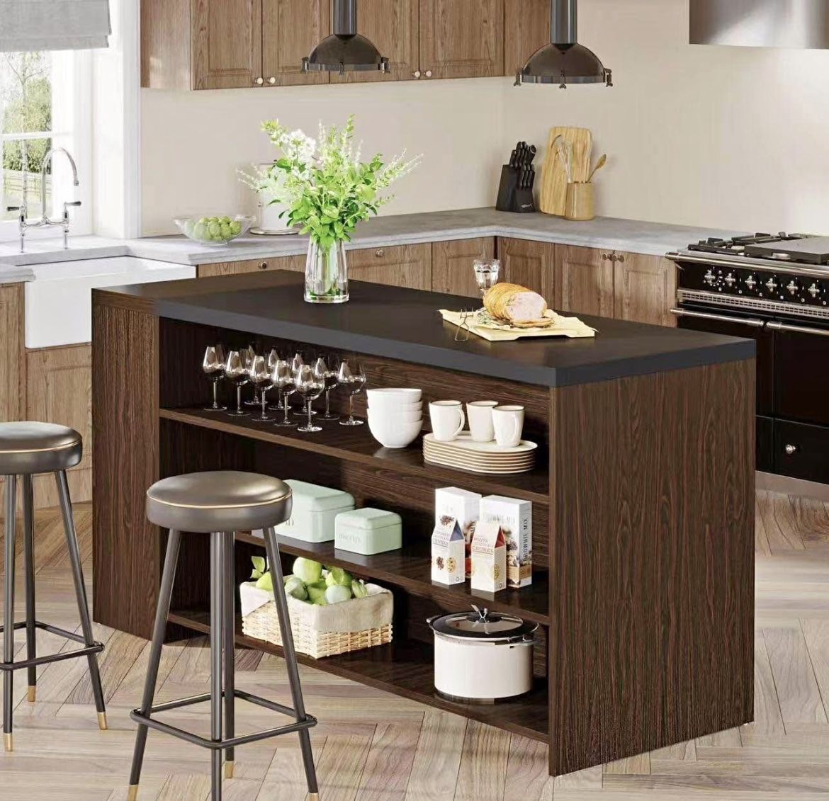 NY229 55" Coffee Bar Table, 5-Tier Kitchen Island Storage Cabinet