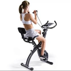 3-in-1 Exercise Bike Quiet Folding Magnetic Stationary Exercise Bikes with Arm Resistance Bands Home Workout Use
