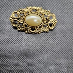 Gold And Faux Pearl Oval Brooch