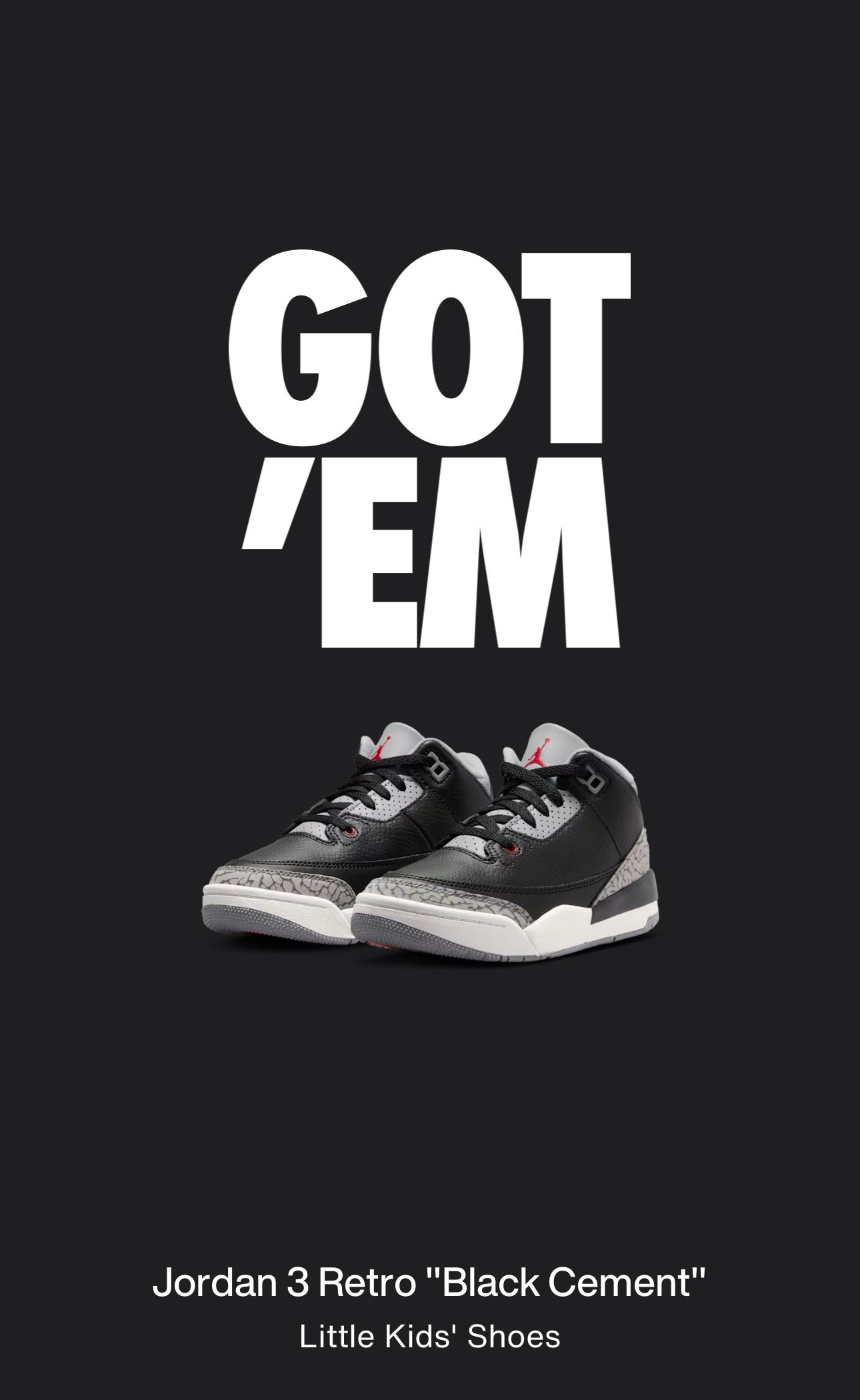 Jordan 3 Black Cement Kids 13C DS 2024