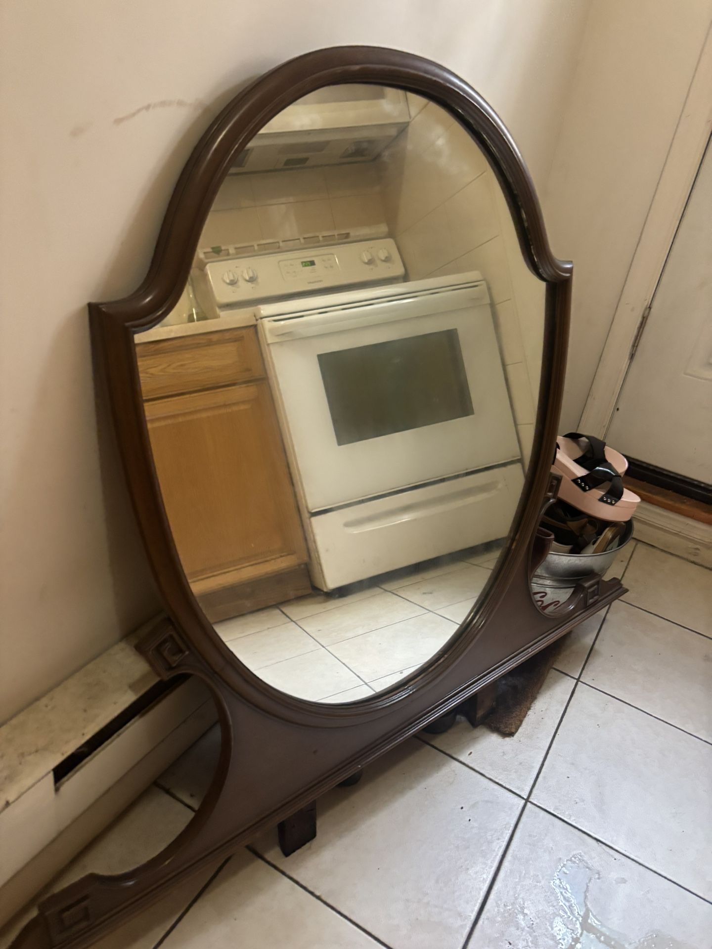 Antique Brown Wood Dresser Mirror