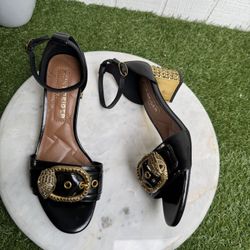 KURT GEIGER Mayfair Eagle Crystal Heel Sandal Elegant Black & Gold Women's 39 US 8.5