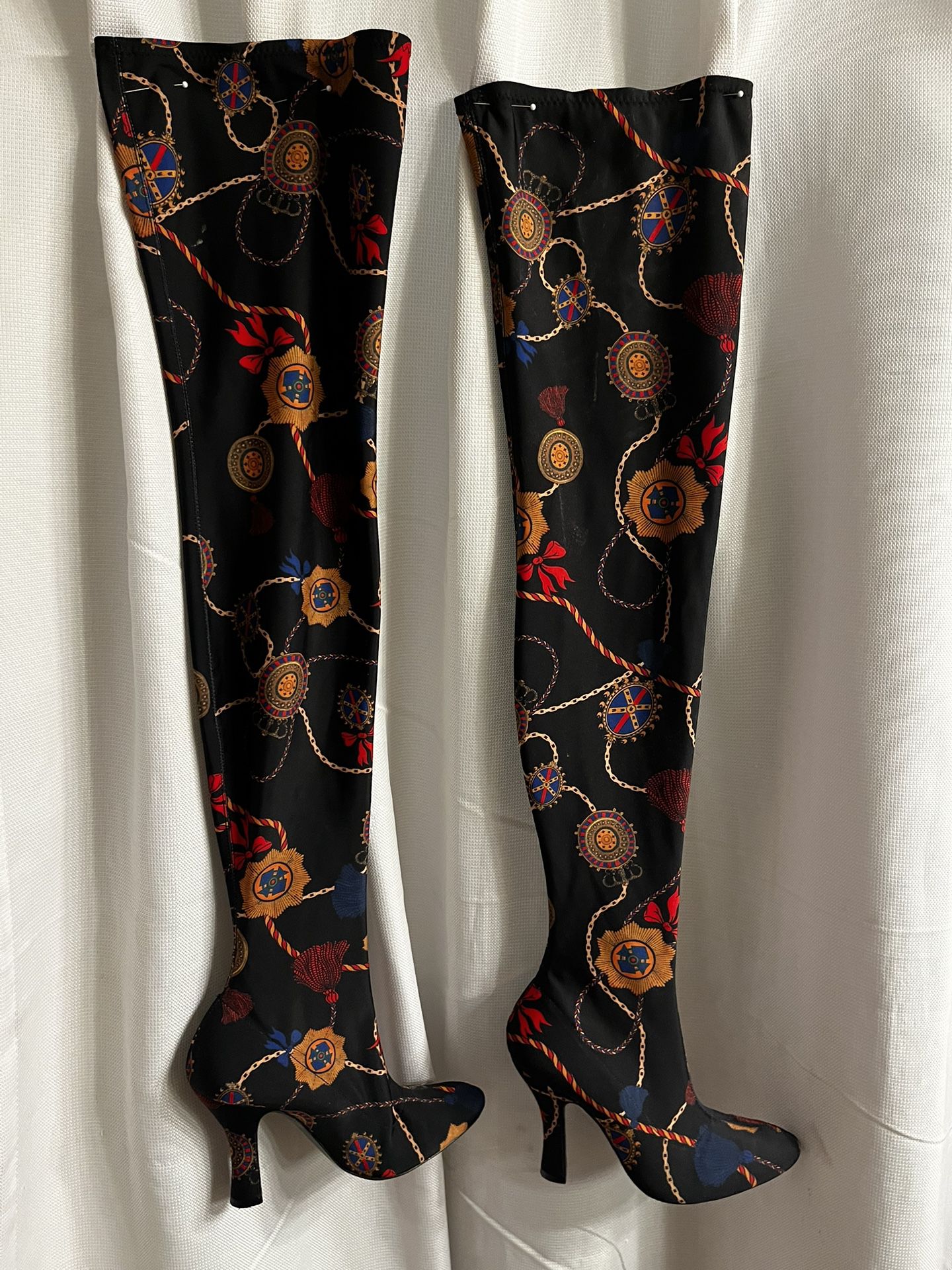 Zara Woman Thigh High Heel Chain Printed Fabric Boots