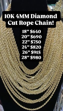 10K 4MM Diamond Cut Rope Chain  
