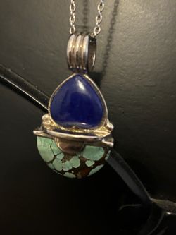 Silver Lapis and Turquoise Stone Pendant Necklace