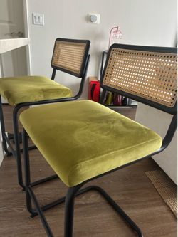 Set of 2 Modern Cane Bar Stools – Olive Green Velvet