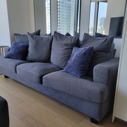 89in 3 Seater Sofa Couch Grey And Blue Pillows