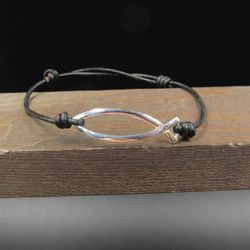 8 Inch Sterling Silver & Leather Fish Bracelet

