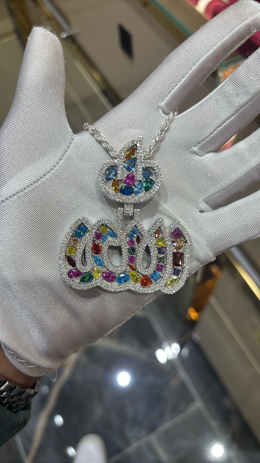 🌙 925 Silver Allah Pendant with Gemstones & Rope Chain – 4.42 Ctw 🌙