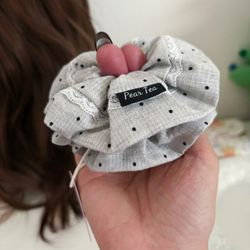 Light grey polka dots with lace scrunchie/hair tie