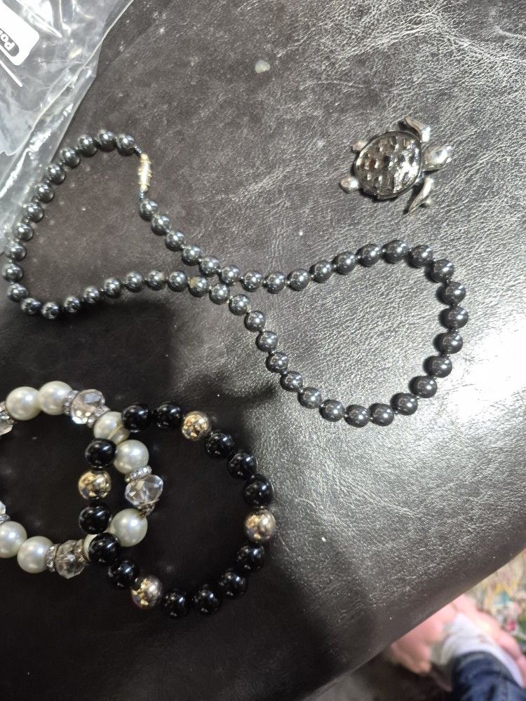 2 Bracelets A Necklsce Amd A Turtle Pin Used