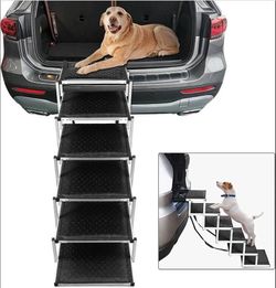 Folding Dog Car Ramp with Portable Aluminum Fram for Large Dog, Foldable Pet Step Stairs with Nonslip Surface for High Beds, Trucks, Cars and SUV, Lig